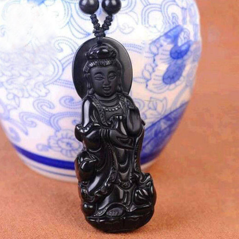 天然黑曜石立体站观音吊坠 正品黑曜石男女款保平安