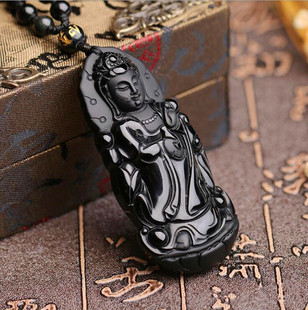 天然黑曜石立体站观音吊坠黑曜石男女款本名年观音挂坠男女款