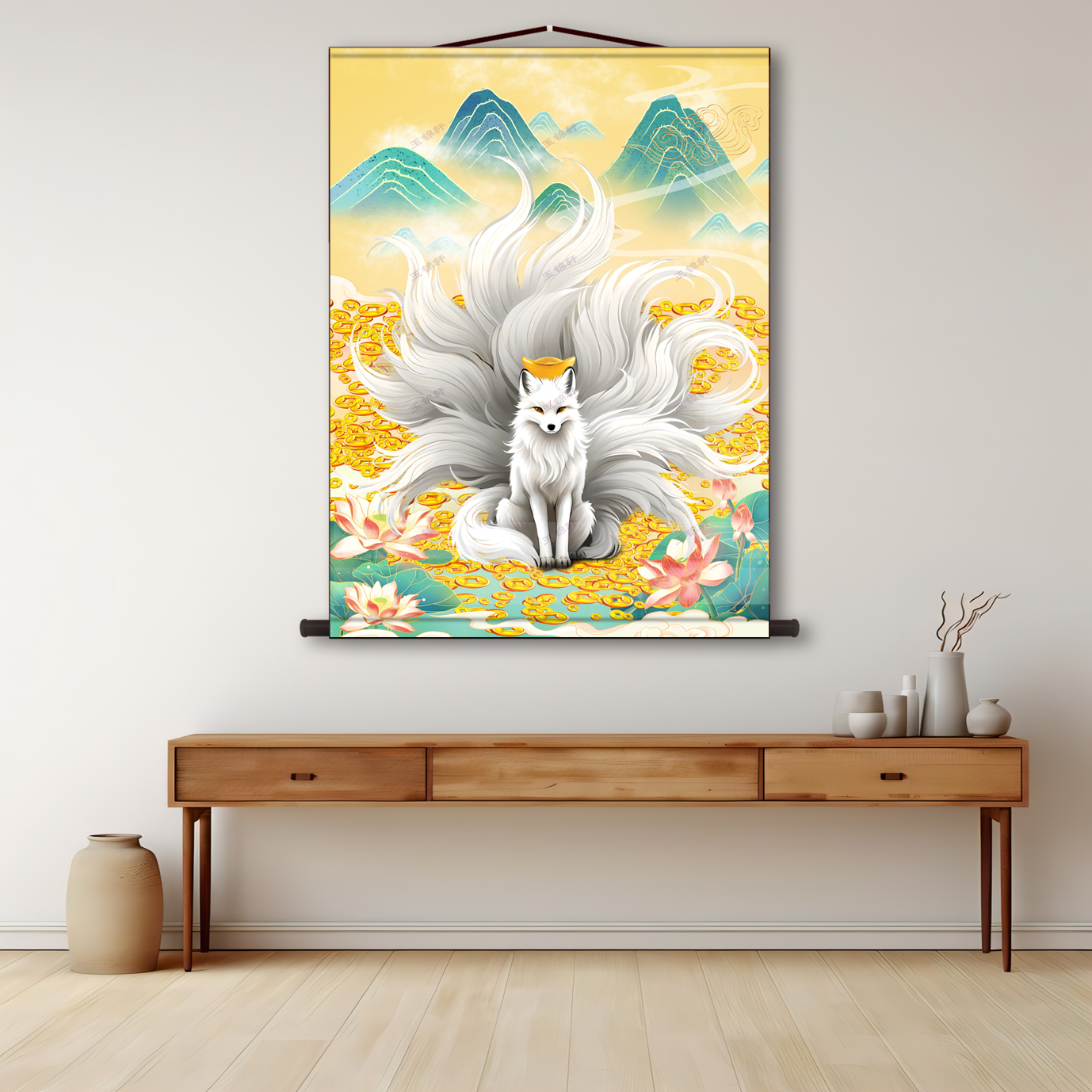 招财九尾狐挂画元宝灵狐送钱卷轴画胡家东北出马客厅堂口装饰挂画