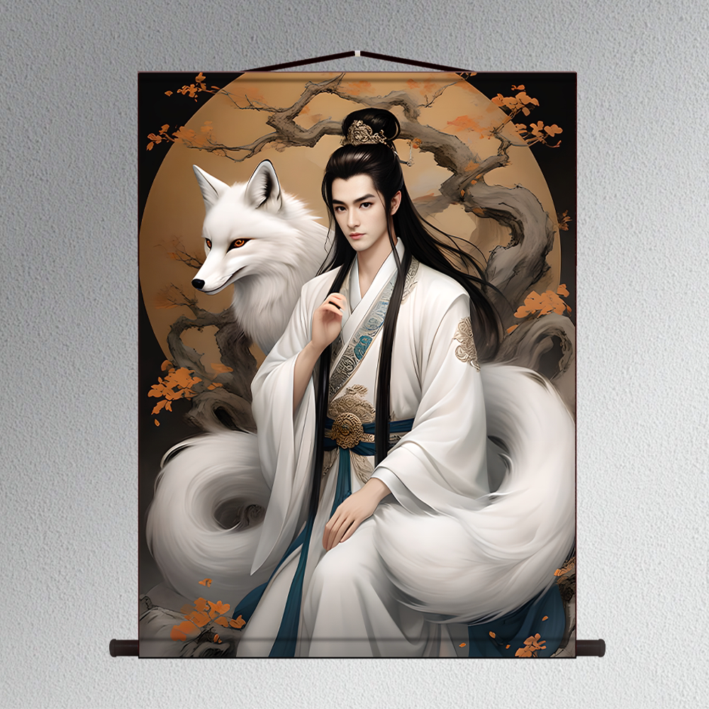 男女九尾狐像挂画胡九霄画像绢布装饰画狐狸东北出马客厅堂口供奉
