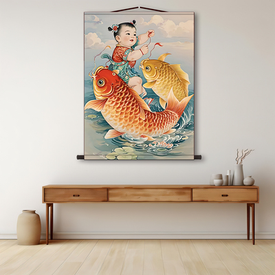 年年有余娃娃福娃卧室客厅年画鲤鱼宝宝婚房喜庆布置装饰卷轴画