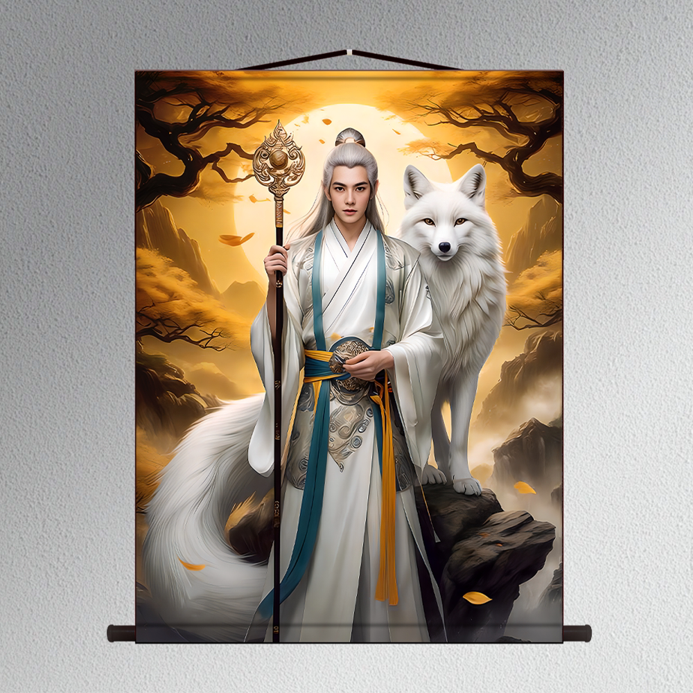 三尺三白九尾狐画像男女款胡九霄帝君郭守真红紫狐挂画丝绸卷轴画