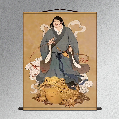 刘海戏金蟾画像挂画童子招财玄关客厅卷轴画丝绸装饰壁画
