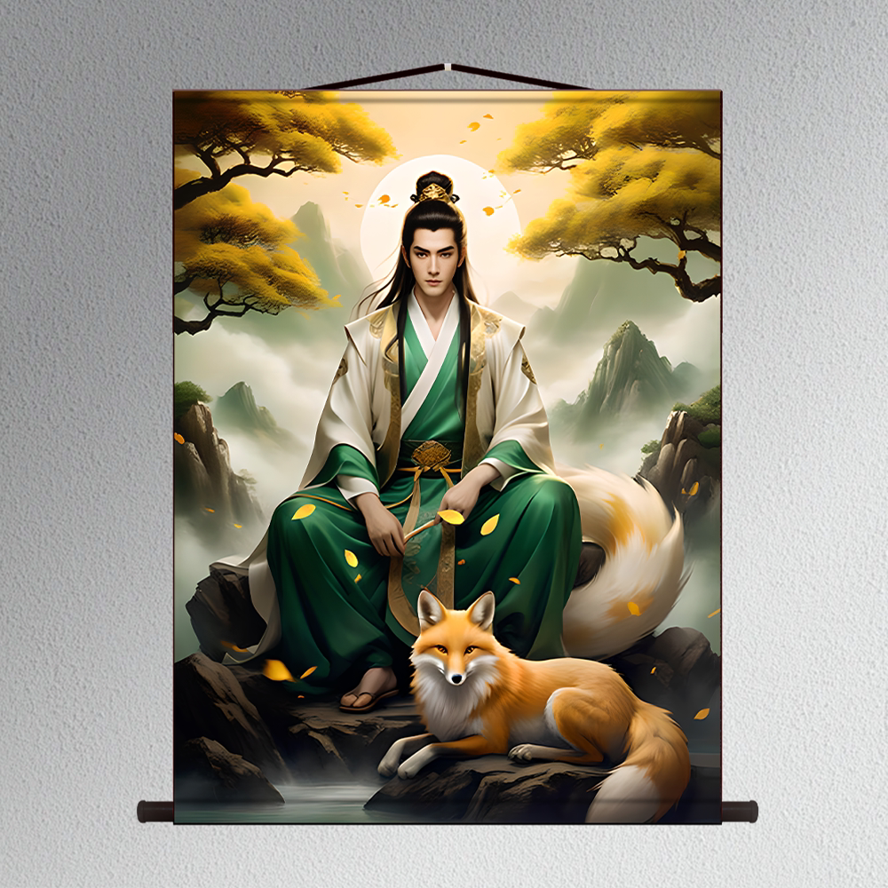 东北出马胡九霄画像胡家客厅堂口供奉九尾狐挂画绢布装饰画招桃花