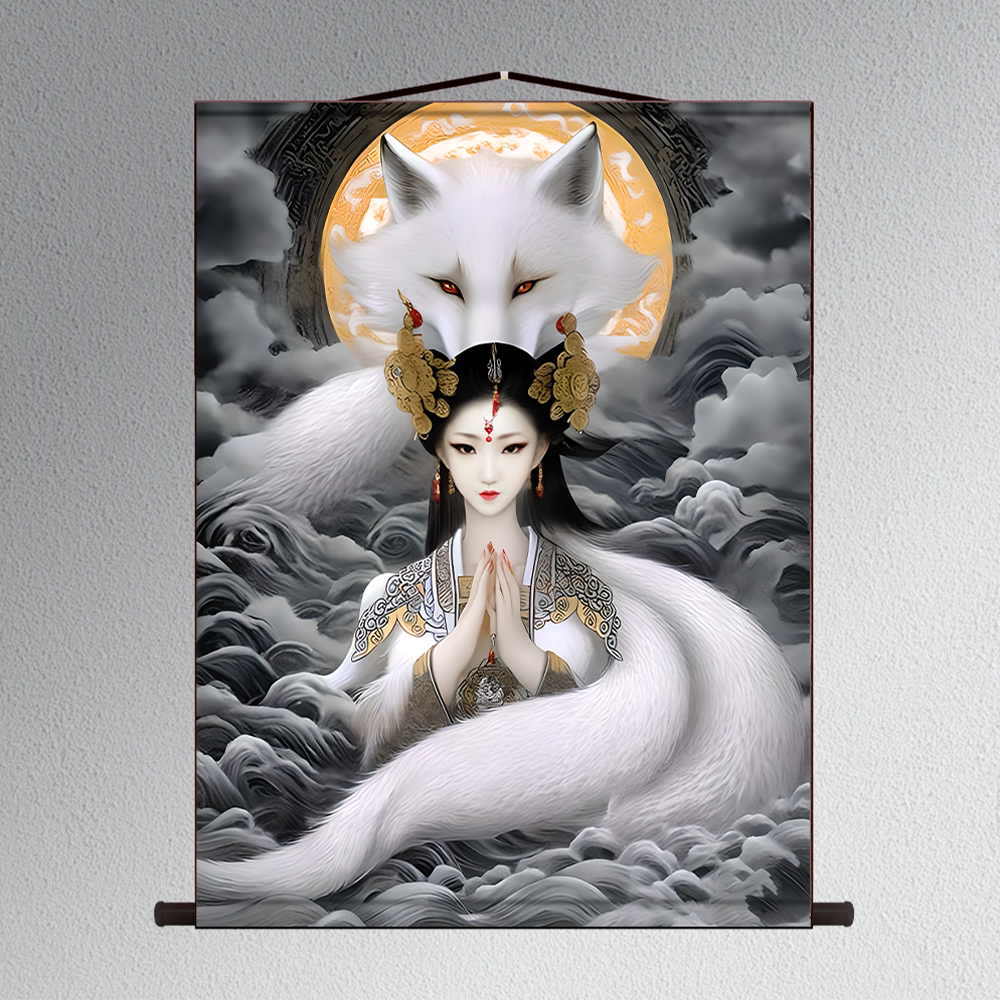 男女九尾狐像挂画胡九霄画像绢布装饰画狐狸东北出马客厅堂口供奉