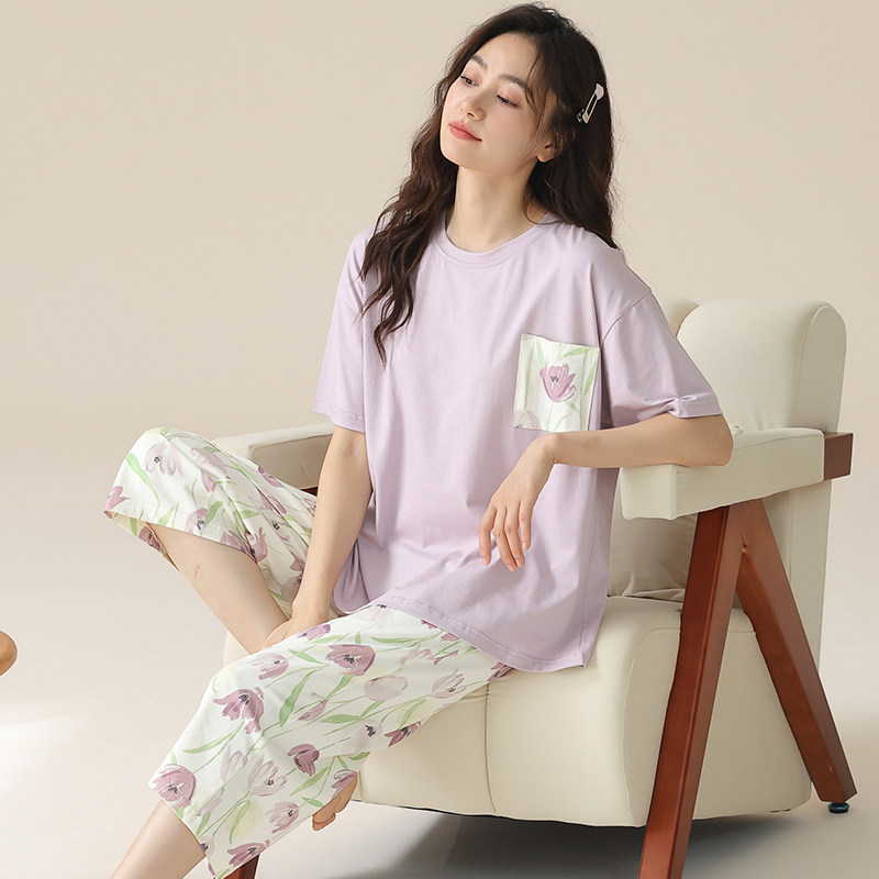 女士睡衣夏季纯棉短袖七分裤家居服薄款大码休闲2024新款夏天套装