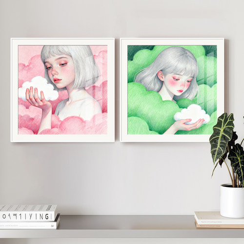 治愈系少女沙发背景墙挂画卧室