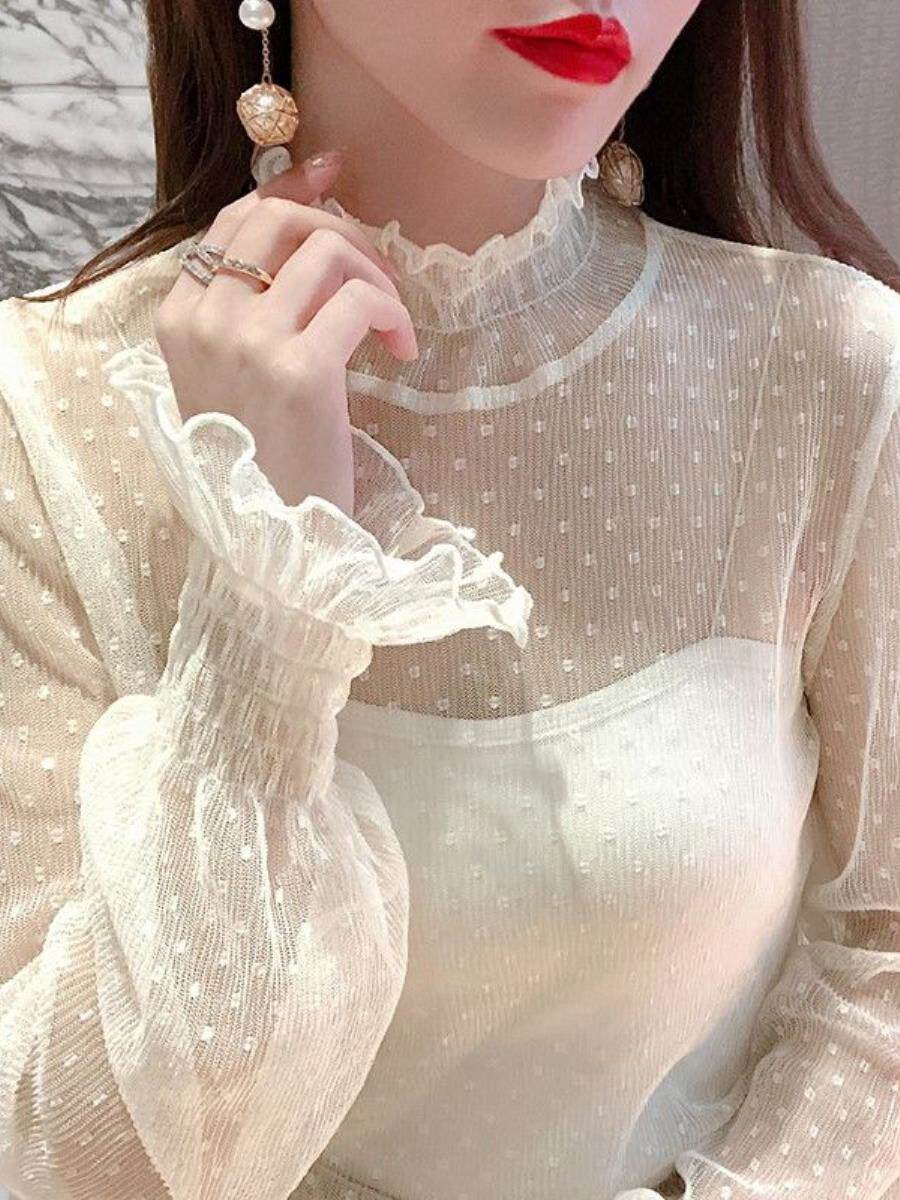 여성용 벨 슬리브 메쉬 바닥 셔츠 2024 봄 가을 새로운 스타일 서스펜더 스커트와 거즈 레이스 탑 디자인