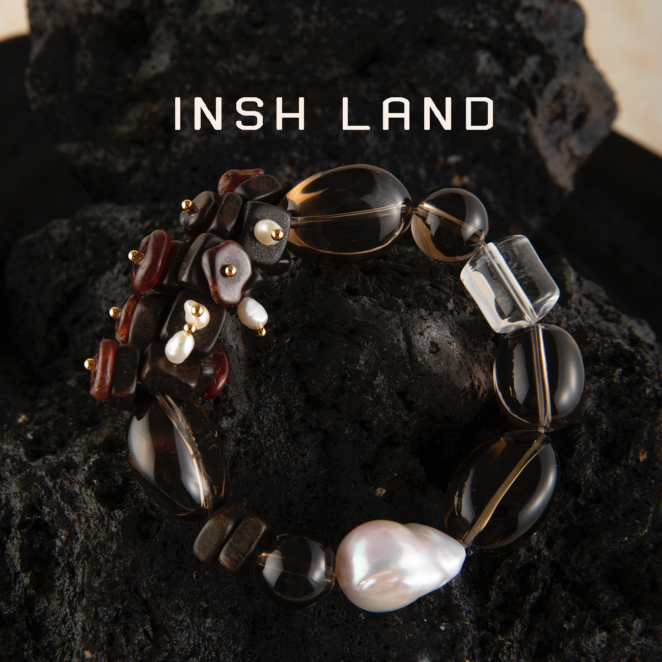 INSH LAND 木屿5017天然全净体白水晶茶水晶巴洛克珍珠手串喜金土