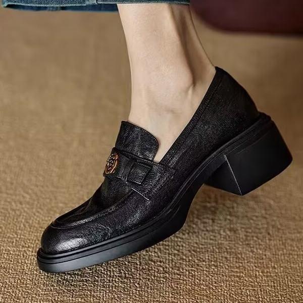 超软乐福鞋女软法式厚底底粗跟中跟皮鞋真软皮花山单茶小皮鞋