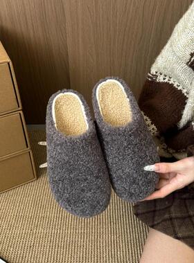 包头半拖女205蹬秋冬新款韩版圆头松糕厚底一脚懒人毛鞋毛棉2拖鞋