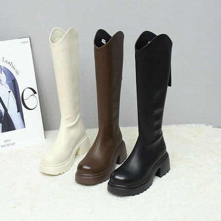7厘米跟高靴子女小个子长靴简约风厚底长筒骑士靴女加绒高筒靴