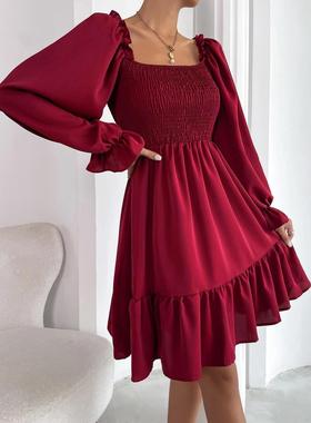 方领亚马逊款跨境下摆荷叶边平行绉缝衣身连衣裙2024春夏季欧美