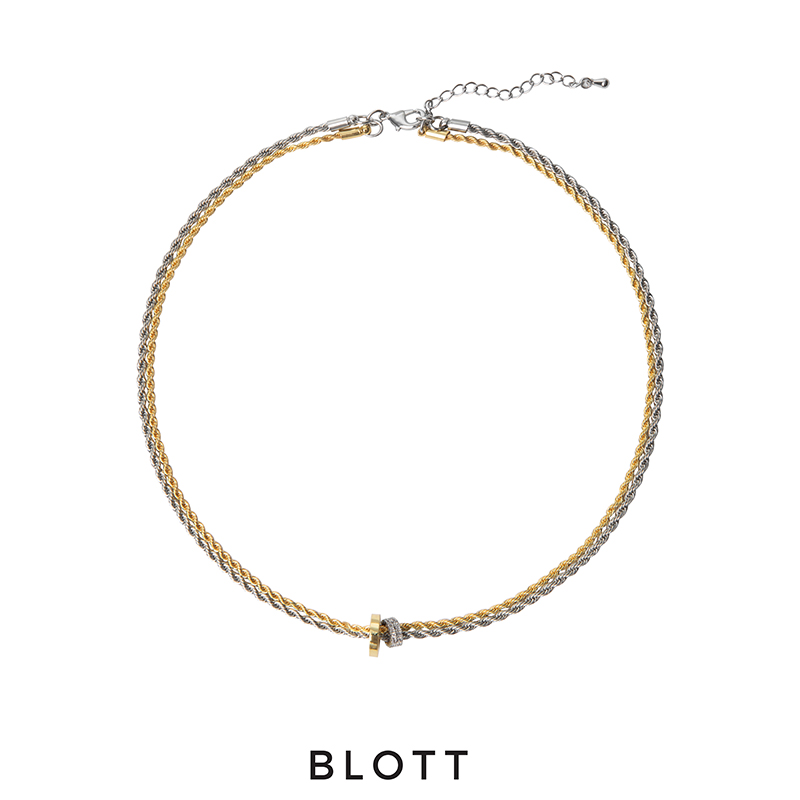 BLOTT 淡金银叠戴麻花链项链