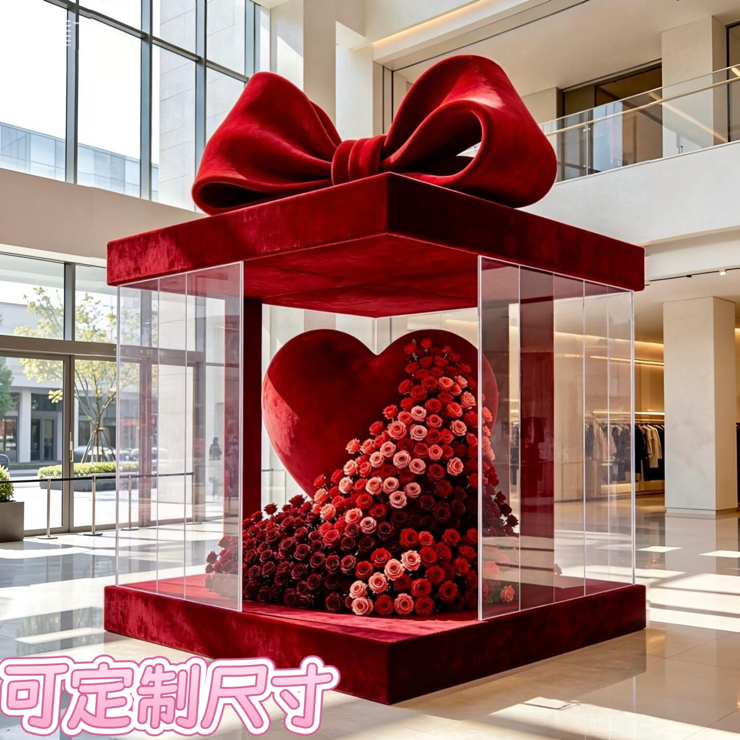 红色蝴蝶结爱心玫瑰花礼盒透明展示柜商场中庭引流打卡拍照道具