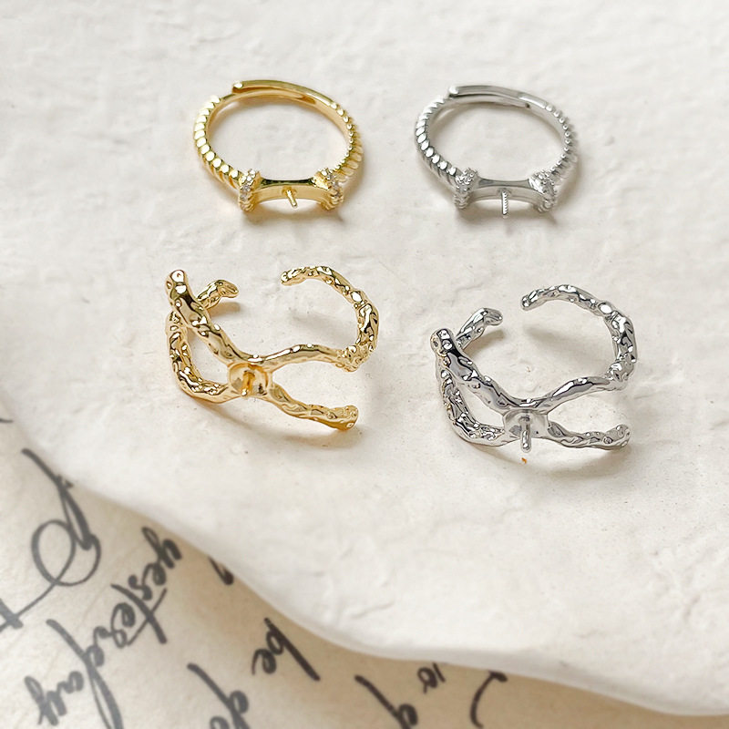 铜包金保色18k镂空戒指珍珠托戒托diy手工饰品指环配件材料