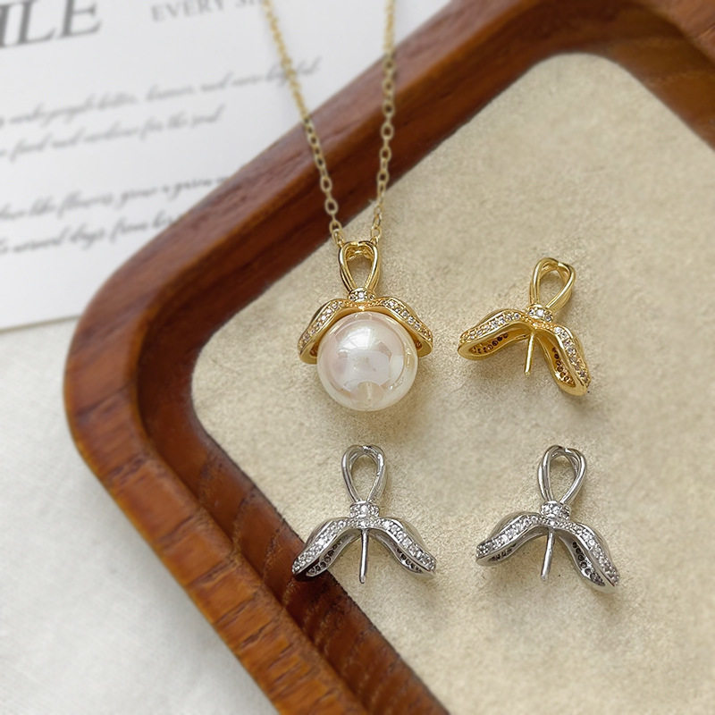 14k包金保色镶锆石花瓣花苞珍珠托吊坠diy手链项链耳饰串珠配件