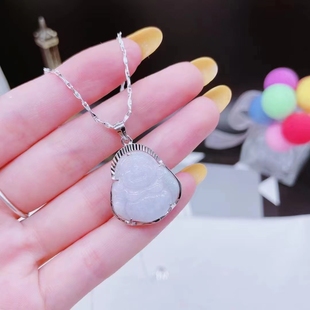 女款翡翠银镶玉佛配999纯银项链佛公带证书女友母亲节礼物银饰品