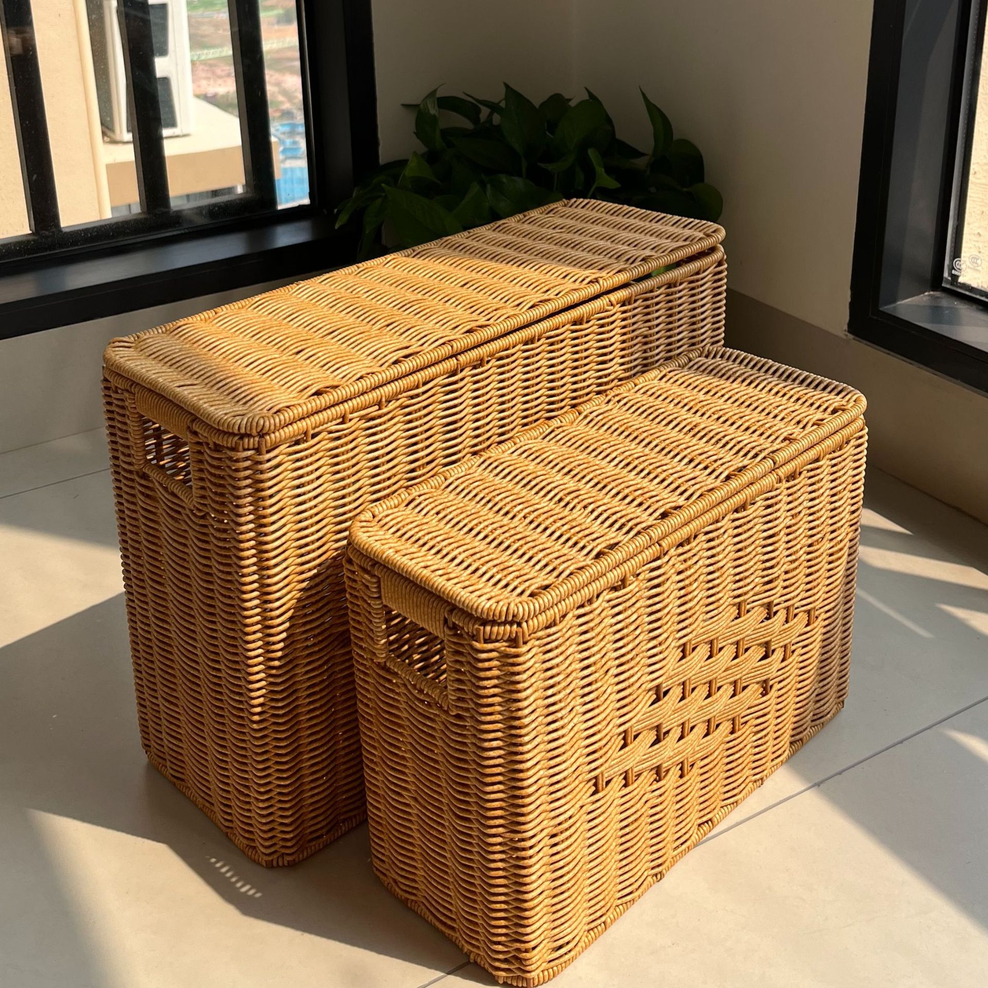 进口仿藤编两件套带盖子中国结衣物收纳筐卧室书籍整理篮零食储物