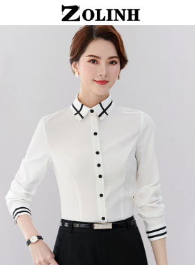 职业长袖衬衫女修身通勤衬衣春秋常规酒店工作服白色加绒服务上衣