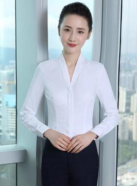 空姐白色衬衫女长袖v领工作服修身南航空乘面试装制服OL百搭衬衣