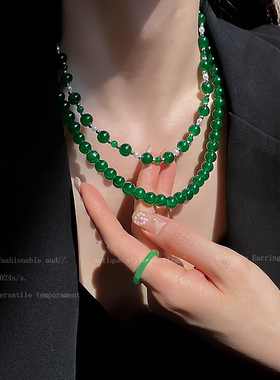 新中式复古绿色串珠项链女