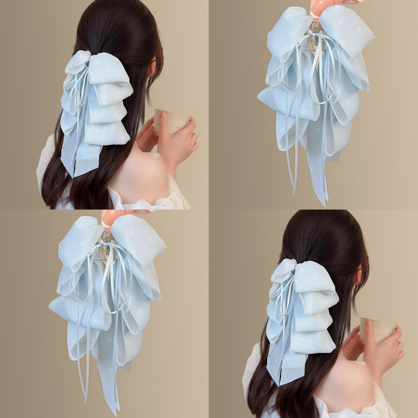 蓝色网纱波点蝴蝶结马尾夹女