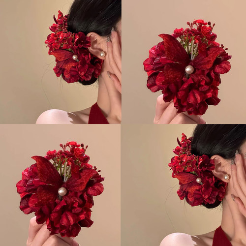 氛围感新年红色花朵发夹女