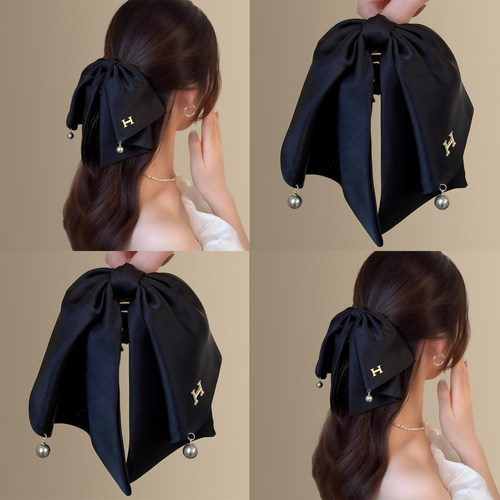 轻奢垂感纹理蝴蝶结马尾夹H字母