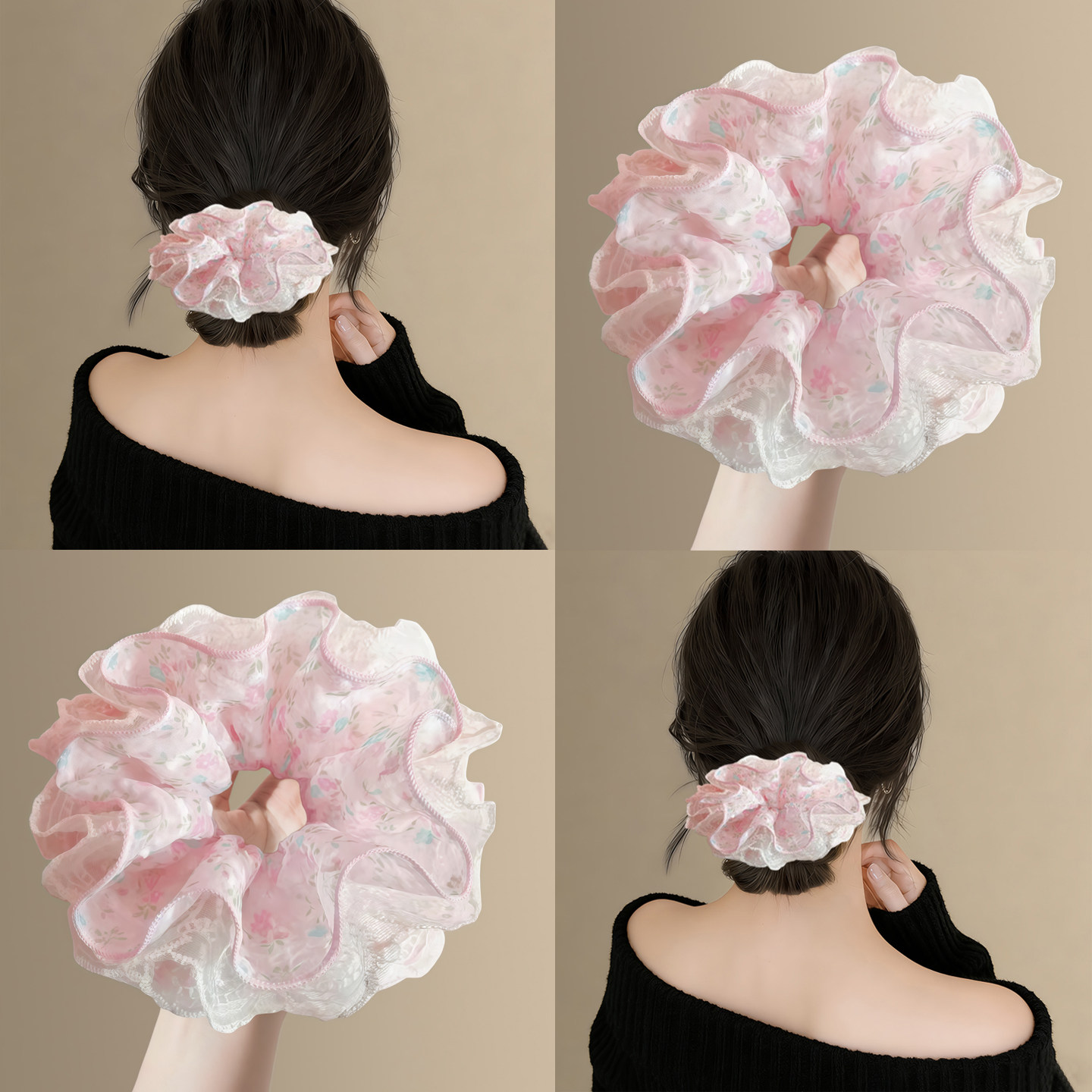 甜美粉色碎花蕾丝大肠发圈女春夏