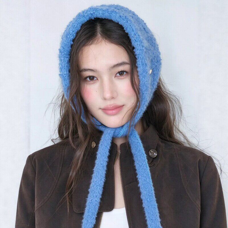 韩系蓝色双面系带毛绒耳罩女新款冬季加厚保暖防寒护耳防冻耳围脖