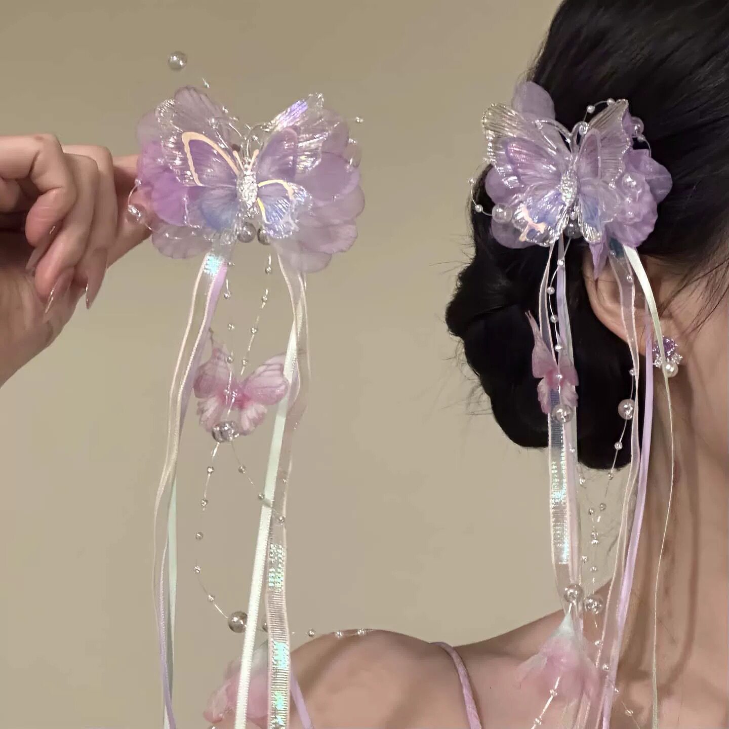 甜美蓝色花朵蝴蝶发夹女氛围感