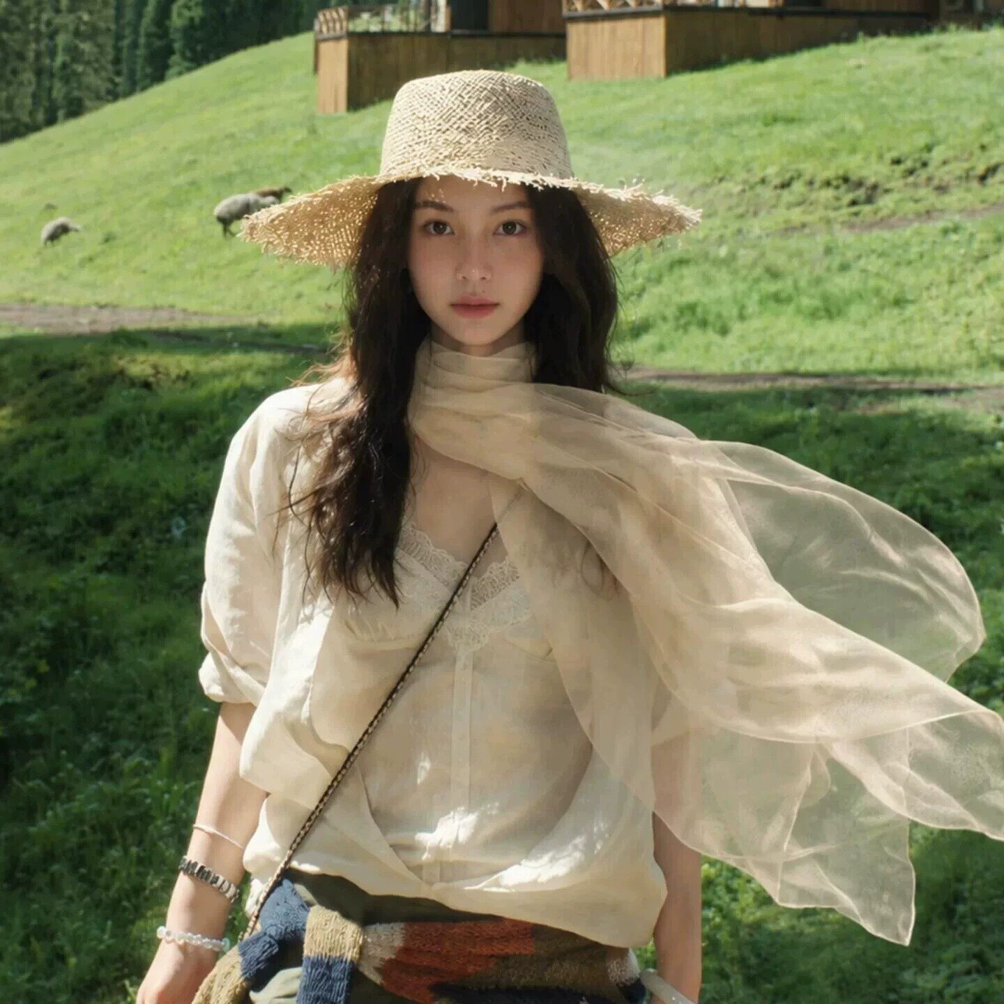 韩版浅杏色飘逸薄纱丝巾女新款