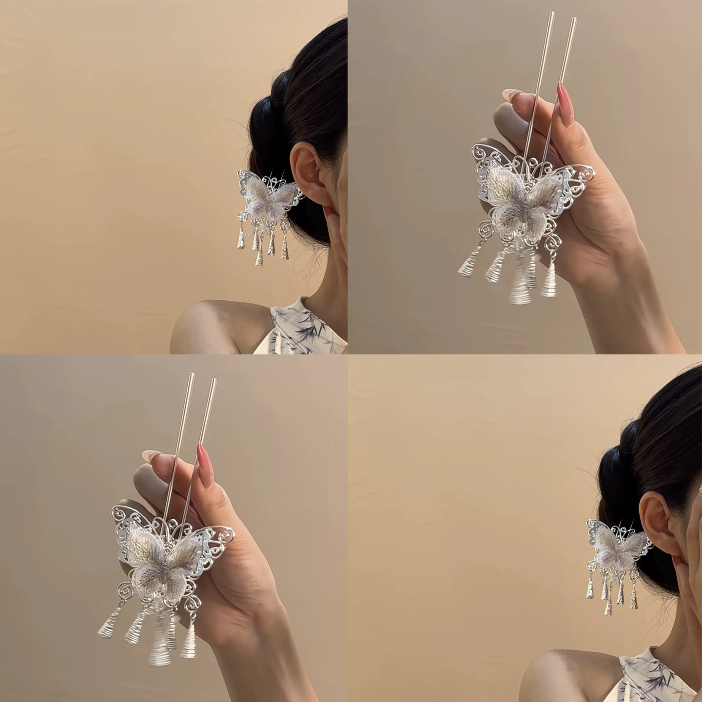 清冷感银蝴蝶步摇流苏吊坠U型发