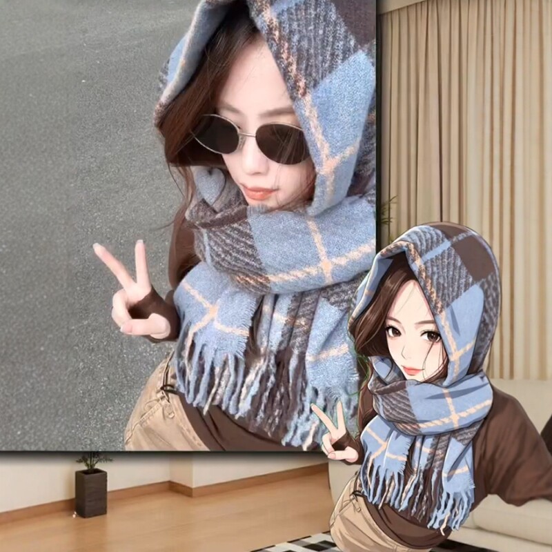 氛围感百搭大格子撞色秋冬围巾女