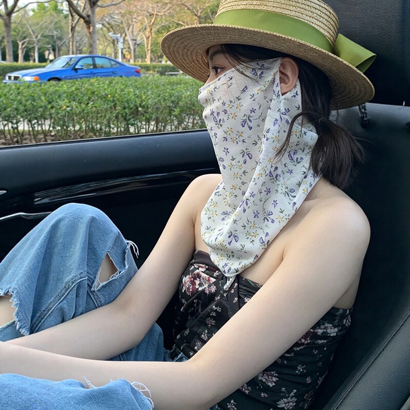 新款夏季全脸防晒面罩女骑行开车防紫外线碎花面纱口罩围脖遮阳