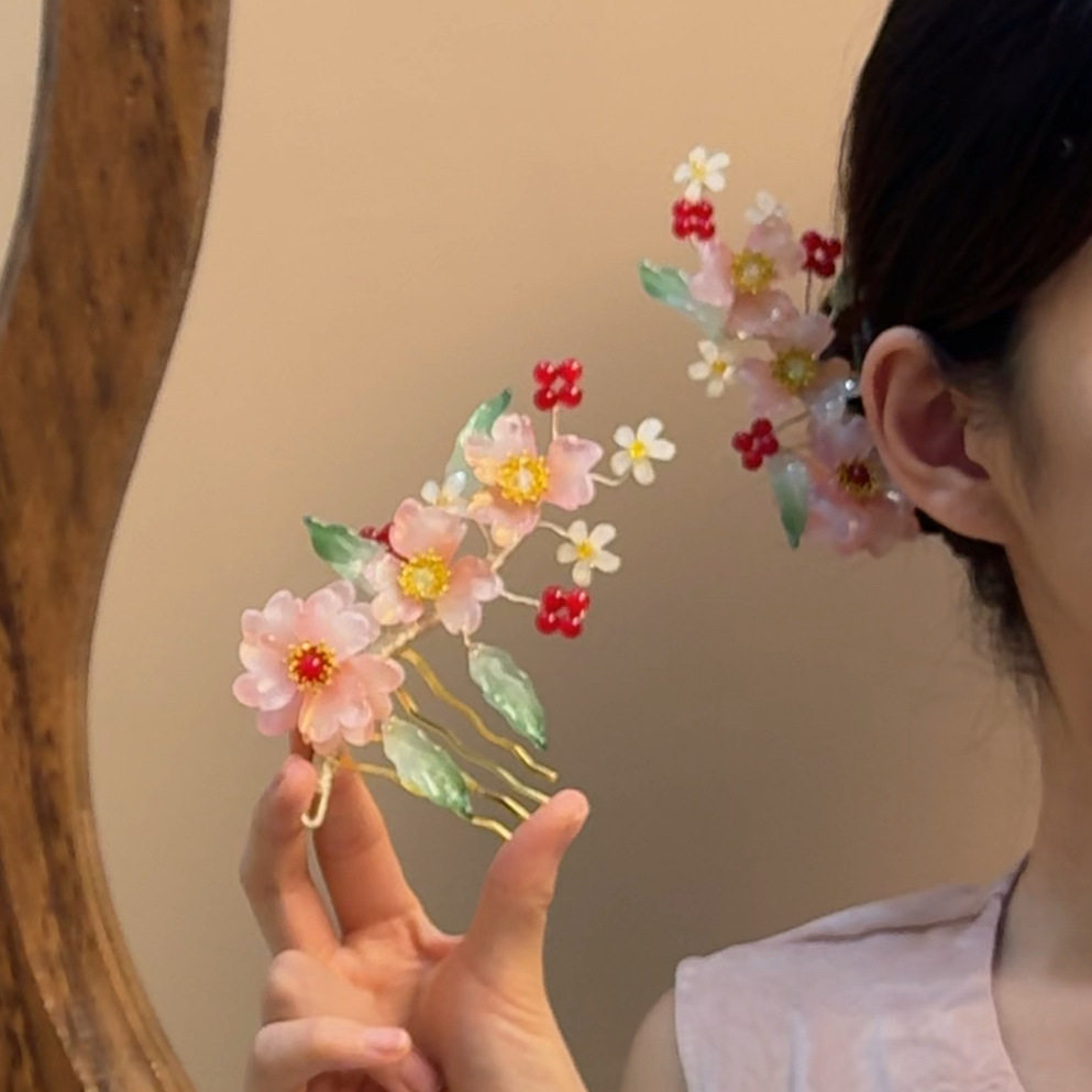 粉樱漫枝~新中式彩色花朵发簪女