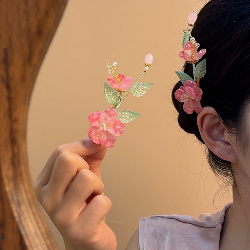 超仙粉色琉璃花朵发夹女！新中式