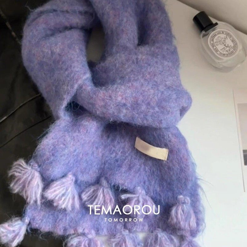 不扎脖~紫色流苏仿羊毛围巾女秋冬季韩国纯色高级感保暖骑行围脖