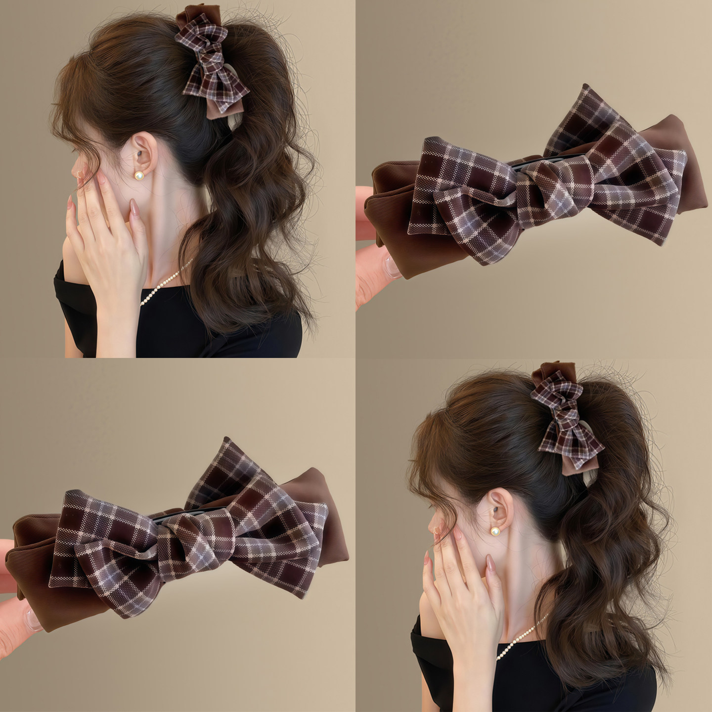 学院风~秋冬复古格纹布艺蝴蝶结香蕉夹女2025新款早秋发夹子拎环