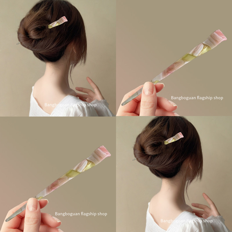 粉綠醋酸扁發簪輕奢發釵簡約頭飾
