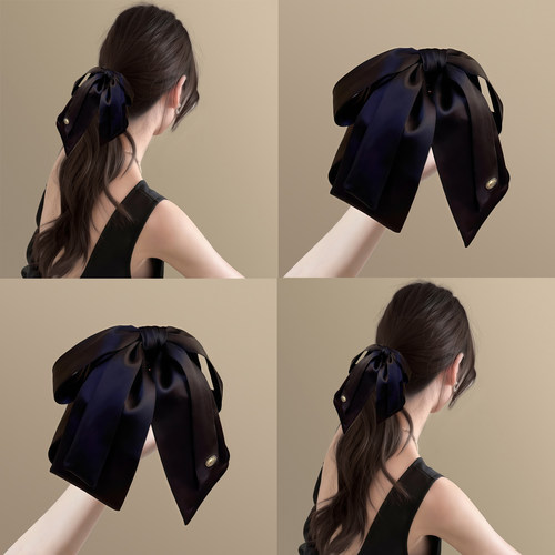 法式优雅！黑色缎面蝴蝶结马尾夹