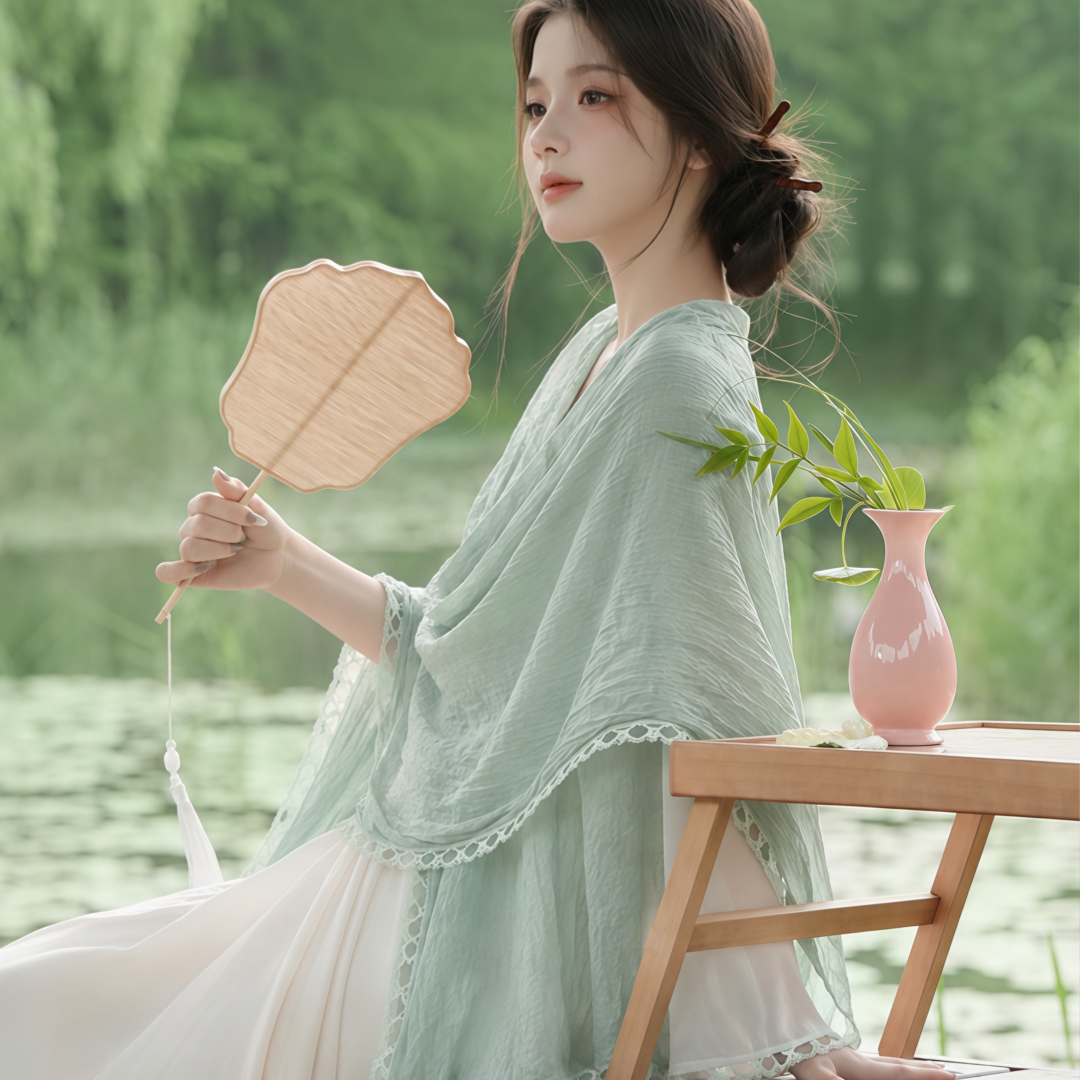 清冷感薄荷绿蕾丝边披肩女外搭高