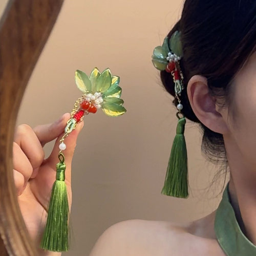 新中式绿色花朵流苏发夹女