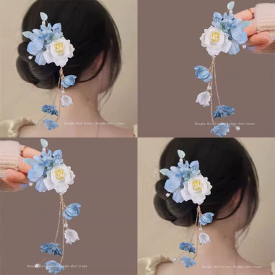 古风简约蓝色花朵绒条毛绒绒发簪