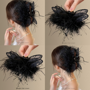 法式优雅~黑色猫耳朵羽毛抓夹纯欲风发夹女！显发量鲨鱼夹气质新