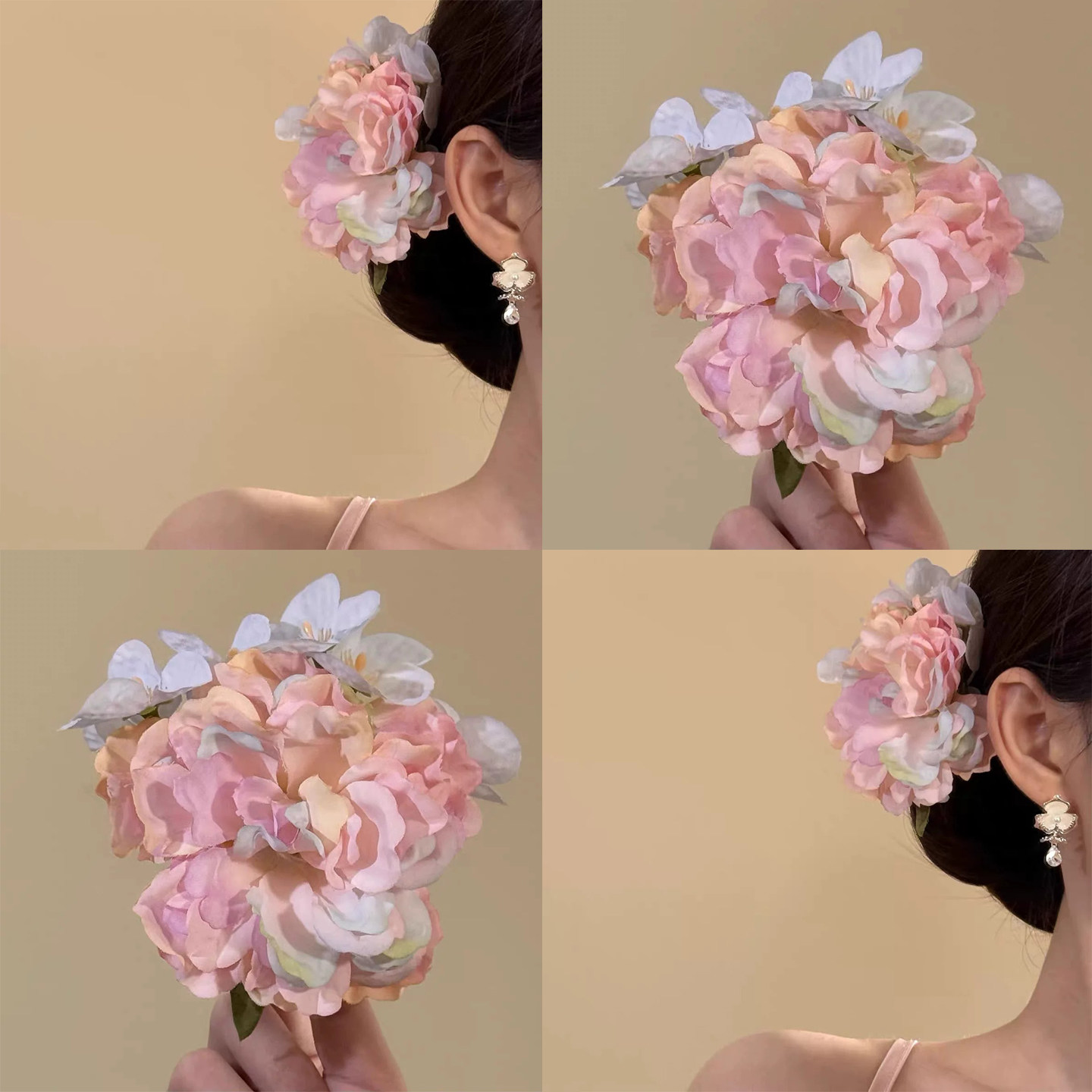 粉云染柔超仙粉色仿真花朵发夹女