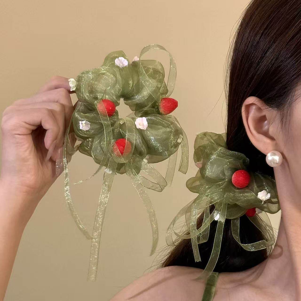 森系绿色欧根纱花朵大肠发圈女!
