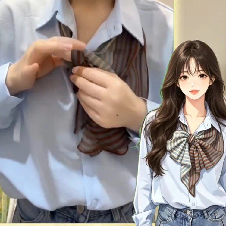 韩系文艺棕色条纹系脖丝巾女新款