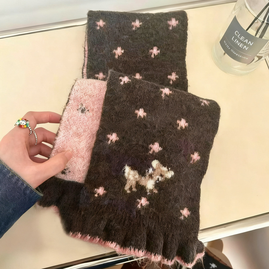 复古可爱梅花小鹿提花针织围巾女